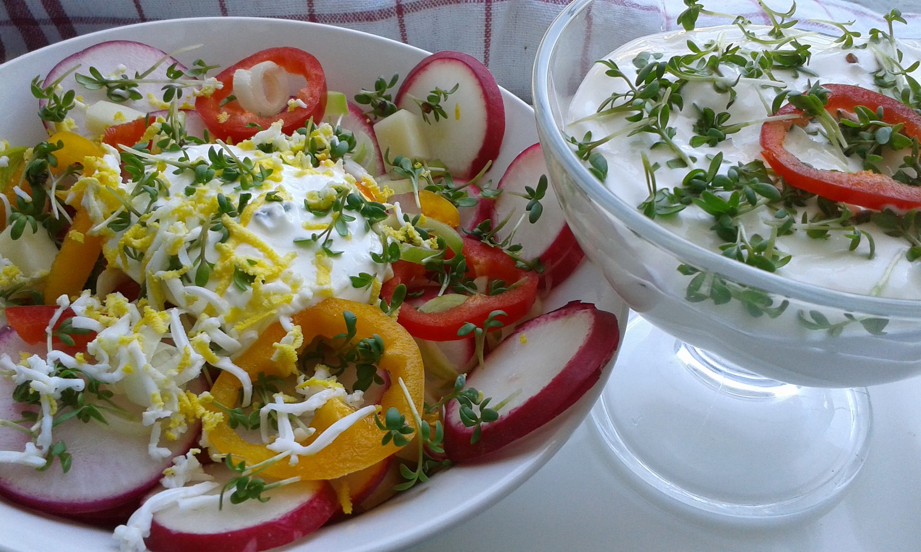 Zeleninový salát se smetanou a řeřichou.